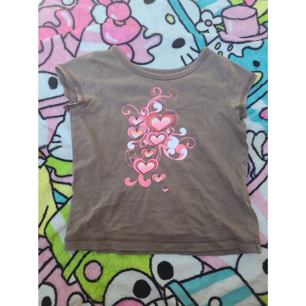 Kids Size XS Girls Cute Y2K Brown Pink Hearts Vintage Fashion Style Shirt Youth